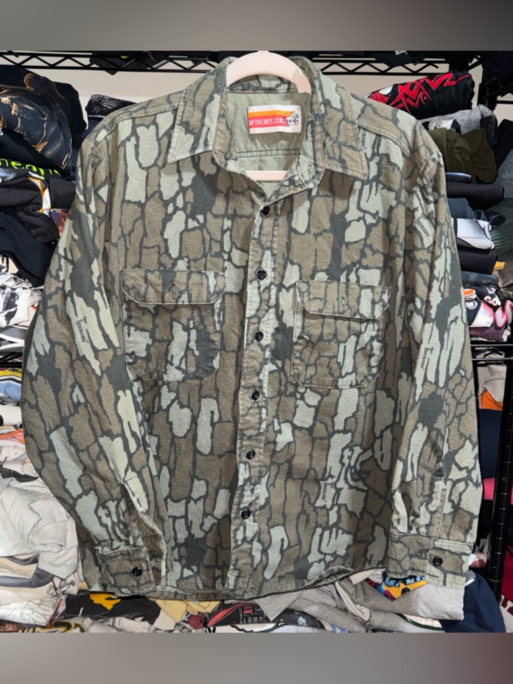 Vintage Winchester Real bark Camo Button Up Shirt Size Large
